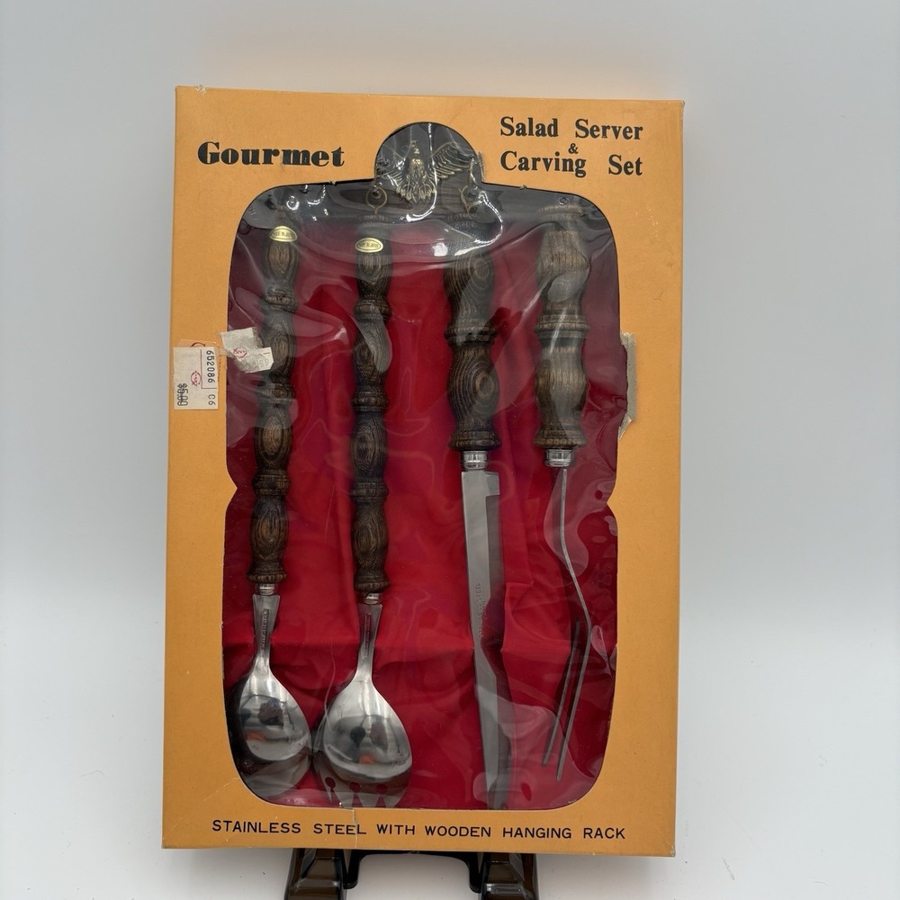 1970's Wood Handled Salad Serving & Carving‎ Set Hanging Display NEW Retro Eagle